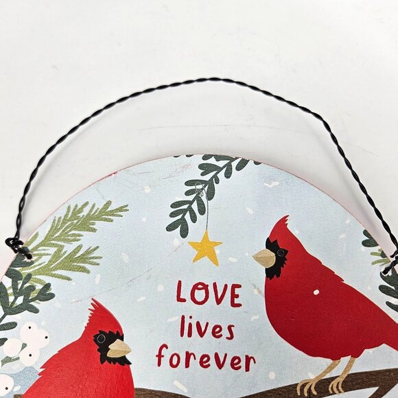 Cardinal Bird Ornament Holiday Gift Wooden Circle 5" Love Lives Forever Decor - Picture 5 of 10
